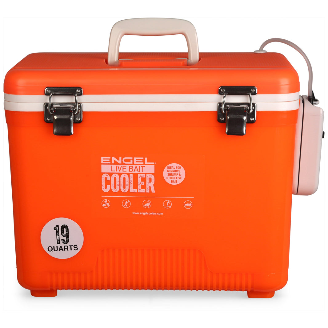 Engel 19 Qt Live Bait Cooler with Pull-Out Net and Air Pump - High-Viz Orange