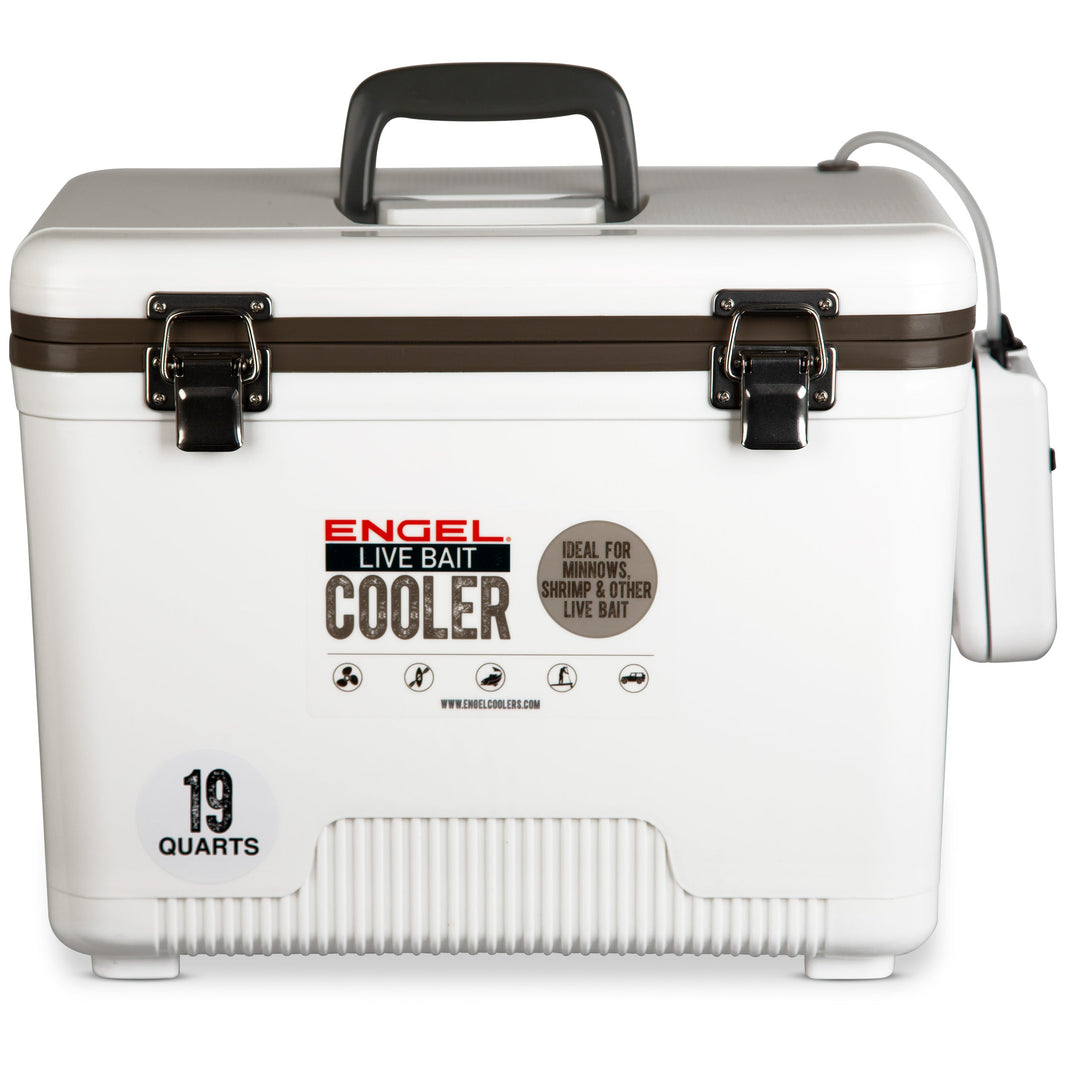 Engel 19 Qt Live Bait Cooler with Pull-Out Net and Air Pump - White