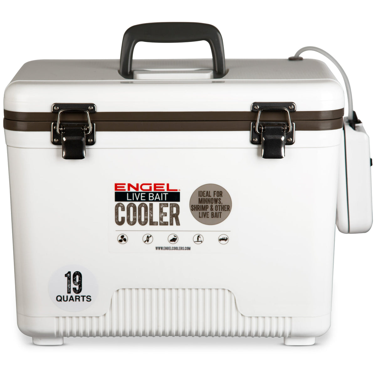 Engel 19 Qt Live Bait Cooler with Pull-Out Net and Air Pump - White