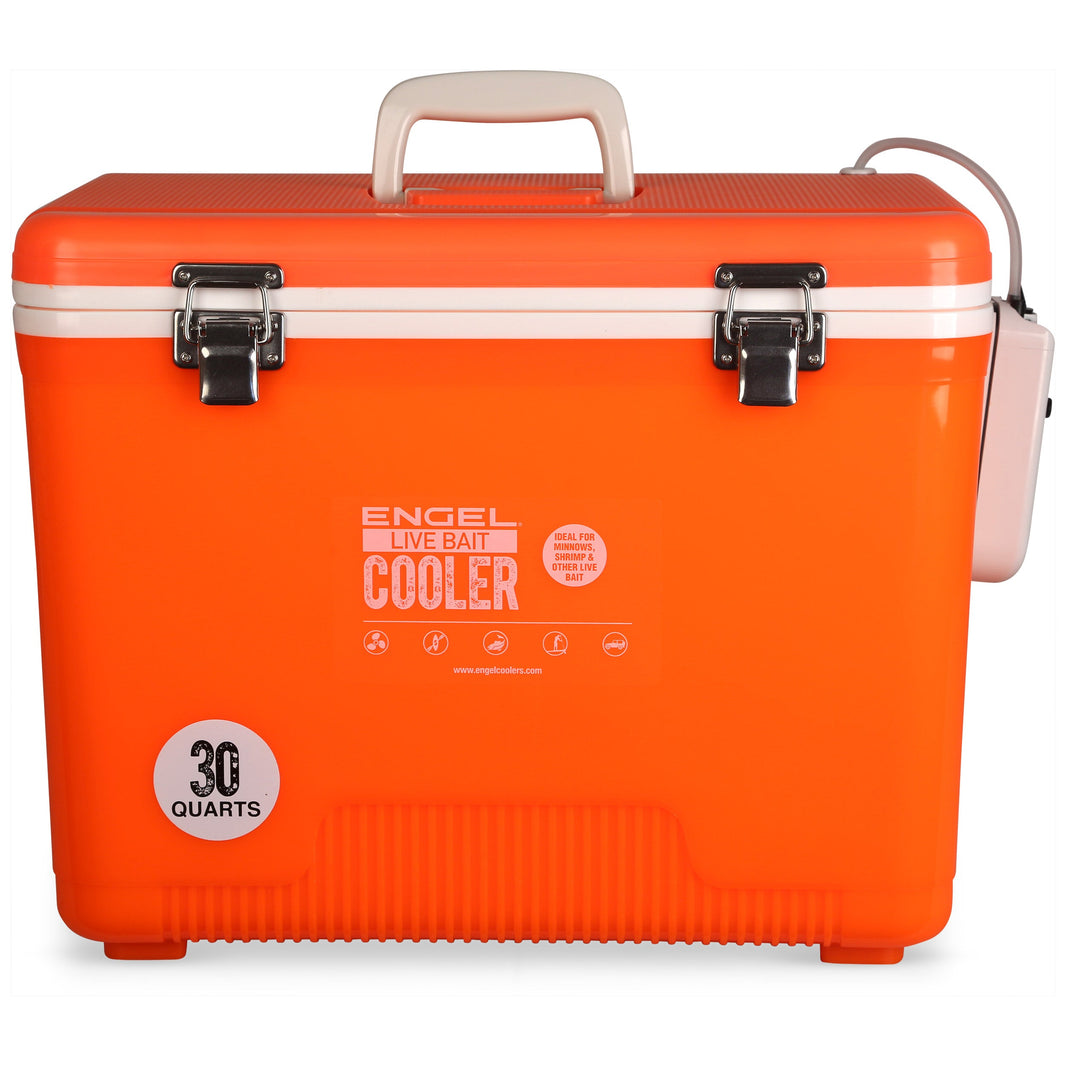 Engel 30 Qt Live Bait Cooler with Pull-Out Net and Air Pump - High-Viz Orange