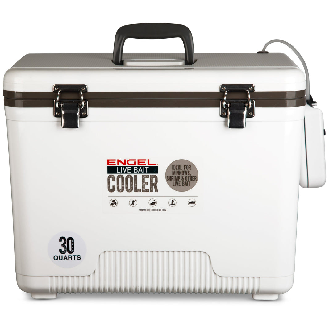 Engel 30 Qt Live Bait Cooler with Pull-Out Net and Air Pump - White
