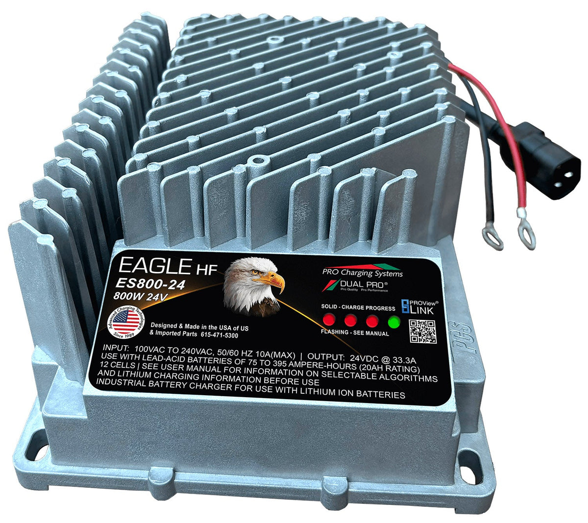 DualPRO Eagle HF ES800 24V 33A 800W Aerial Lift On-Board Battery Charger, Ring Terminals and Interlock
