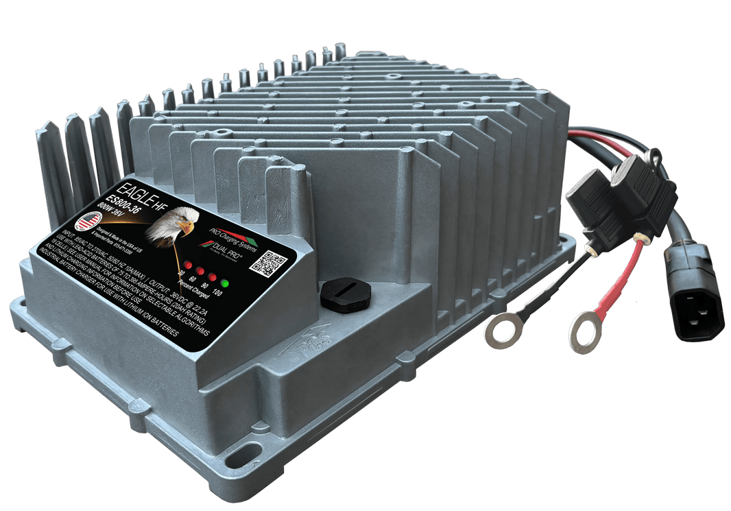 DualPRO Eagle HF ES800 36V 21A 800W Aerial Lift On-Board Battery Charger, Ring Terminals and Interlock