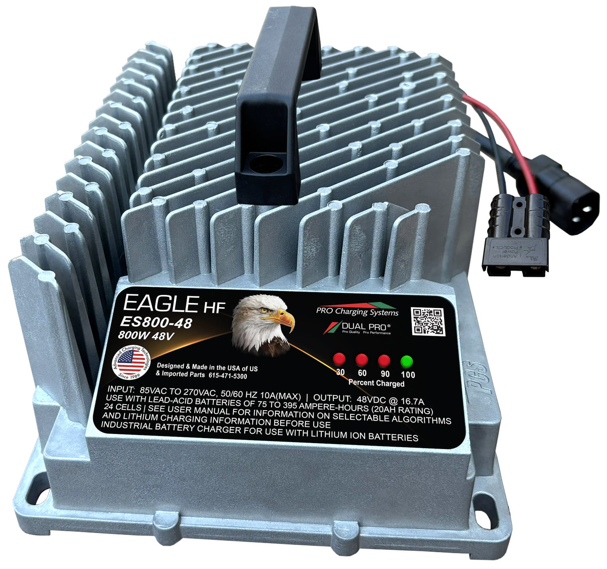 DualPRO Eagle HF ES800 48V 17A 800W Portable Battery Charger, Black SB50 Connector