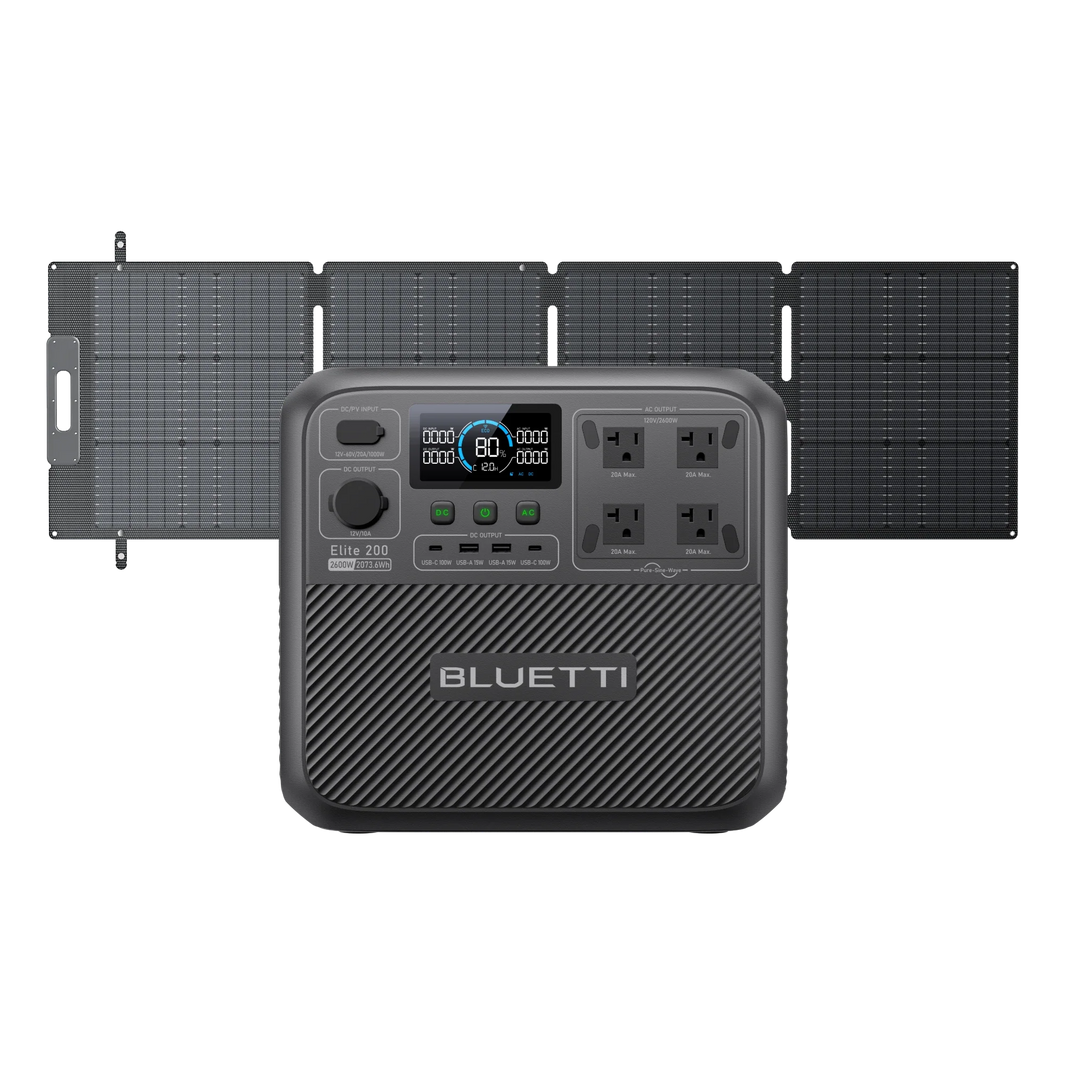 BLUETTI Elite 200 V2 power station beside 200W solar panel