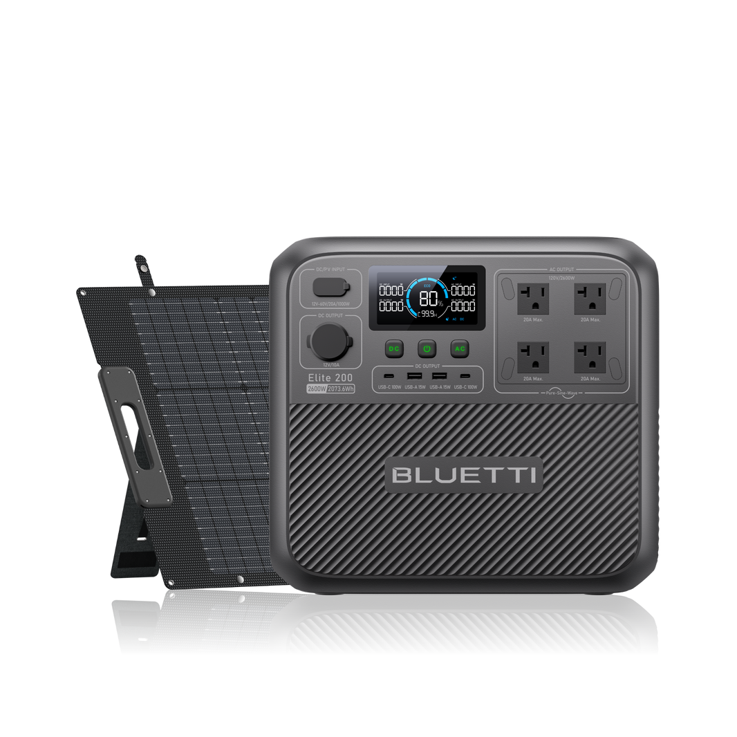 BLUETTI Elite 200 V2 power station beside 200W solar panel