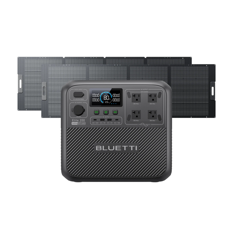 BLUETTI Elite 200 V2 power station with two 350W solar panels