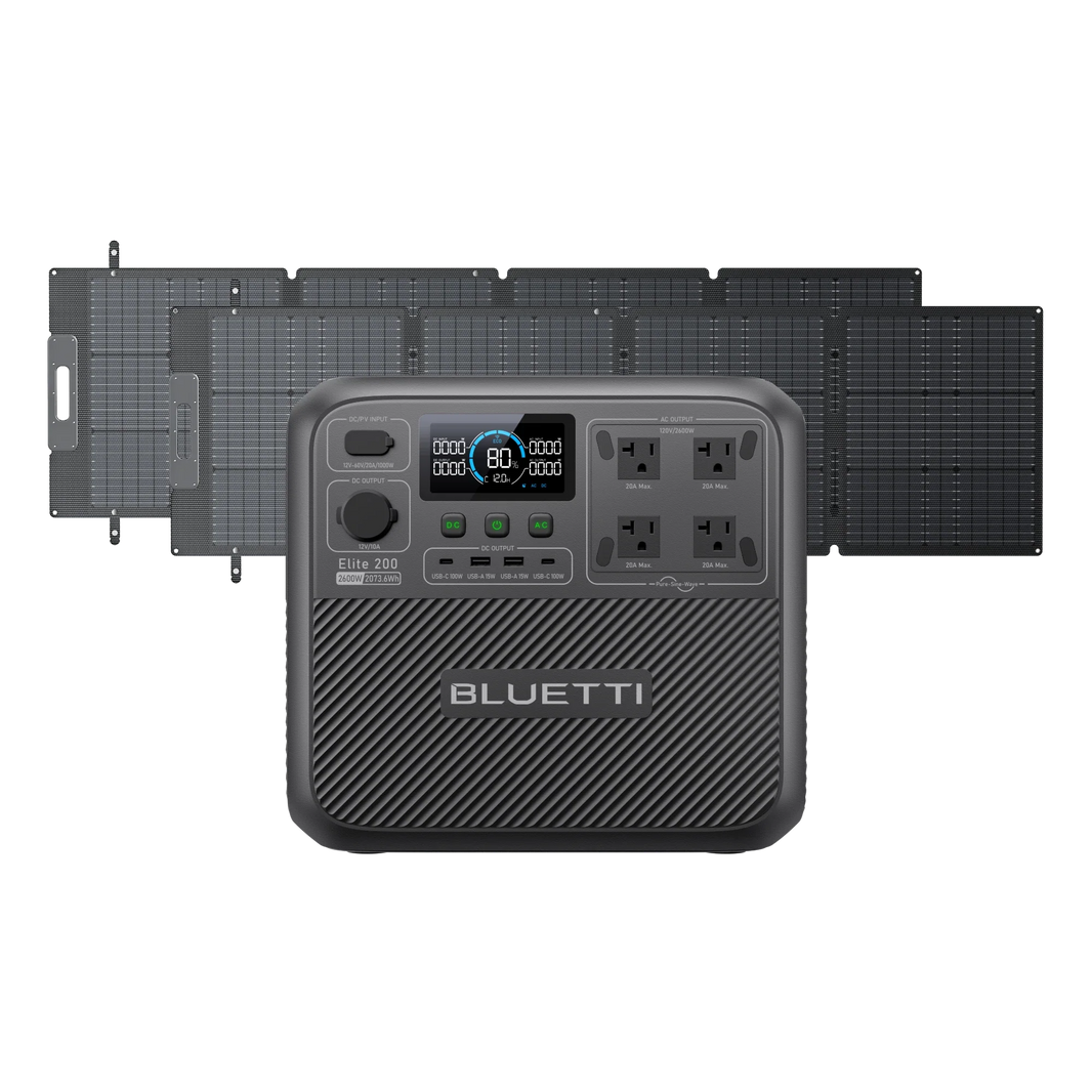 BLUETTI Elite 200 V2 power station with two 200W solar panels