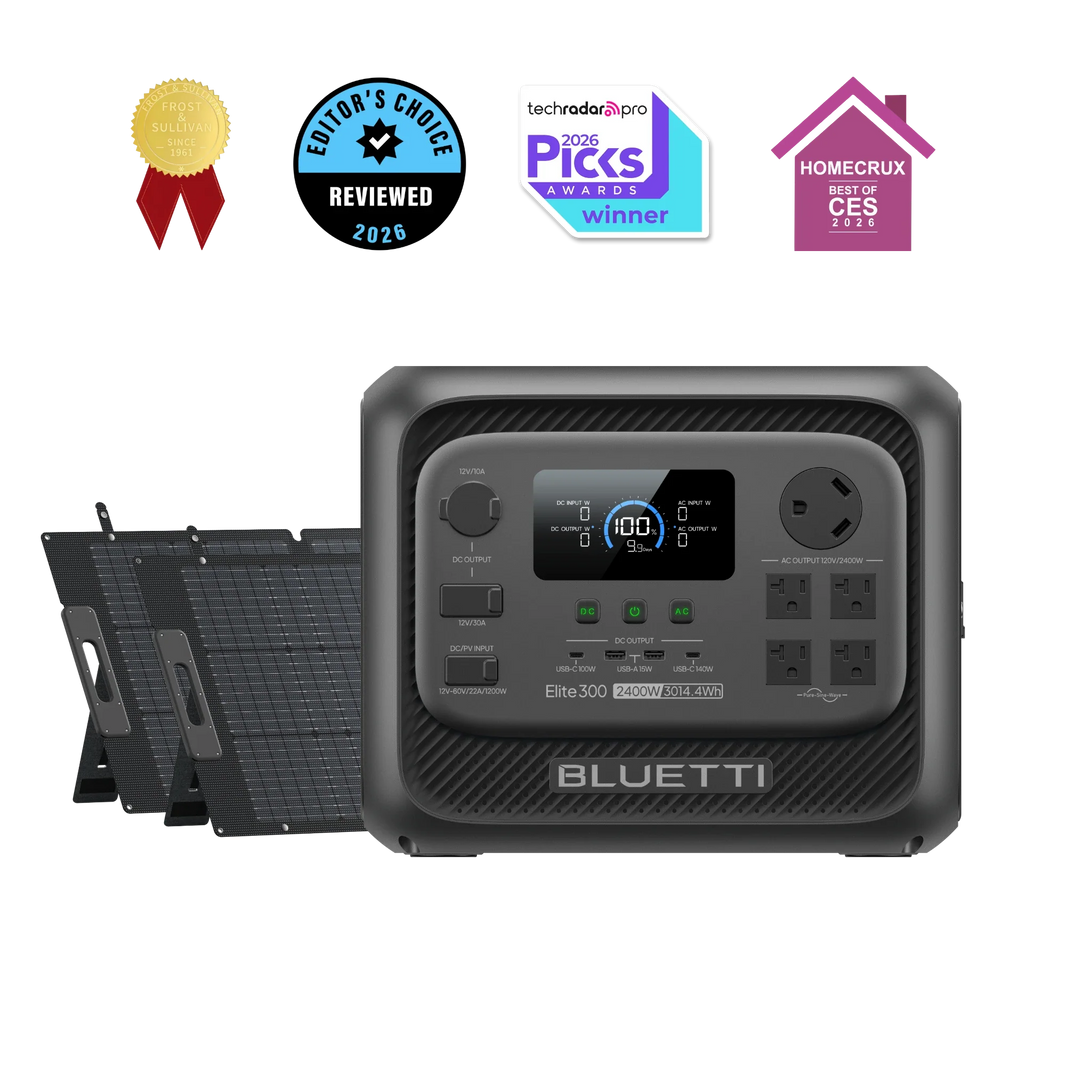 BLUETTI Elite 300 power station with two 200W solar panels