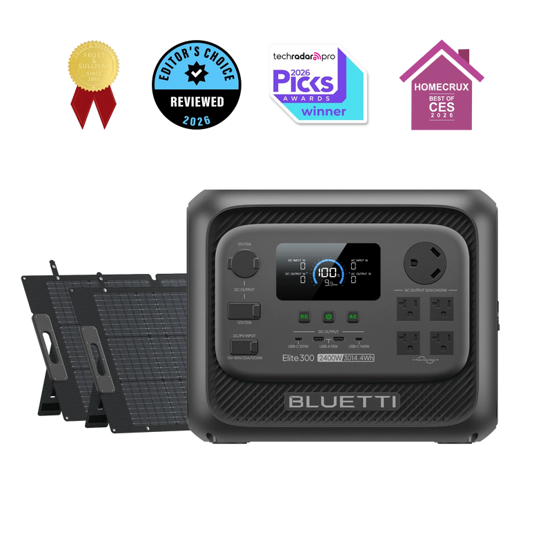 BLUETTI Elite 300 power station with two 200W solar panels