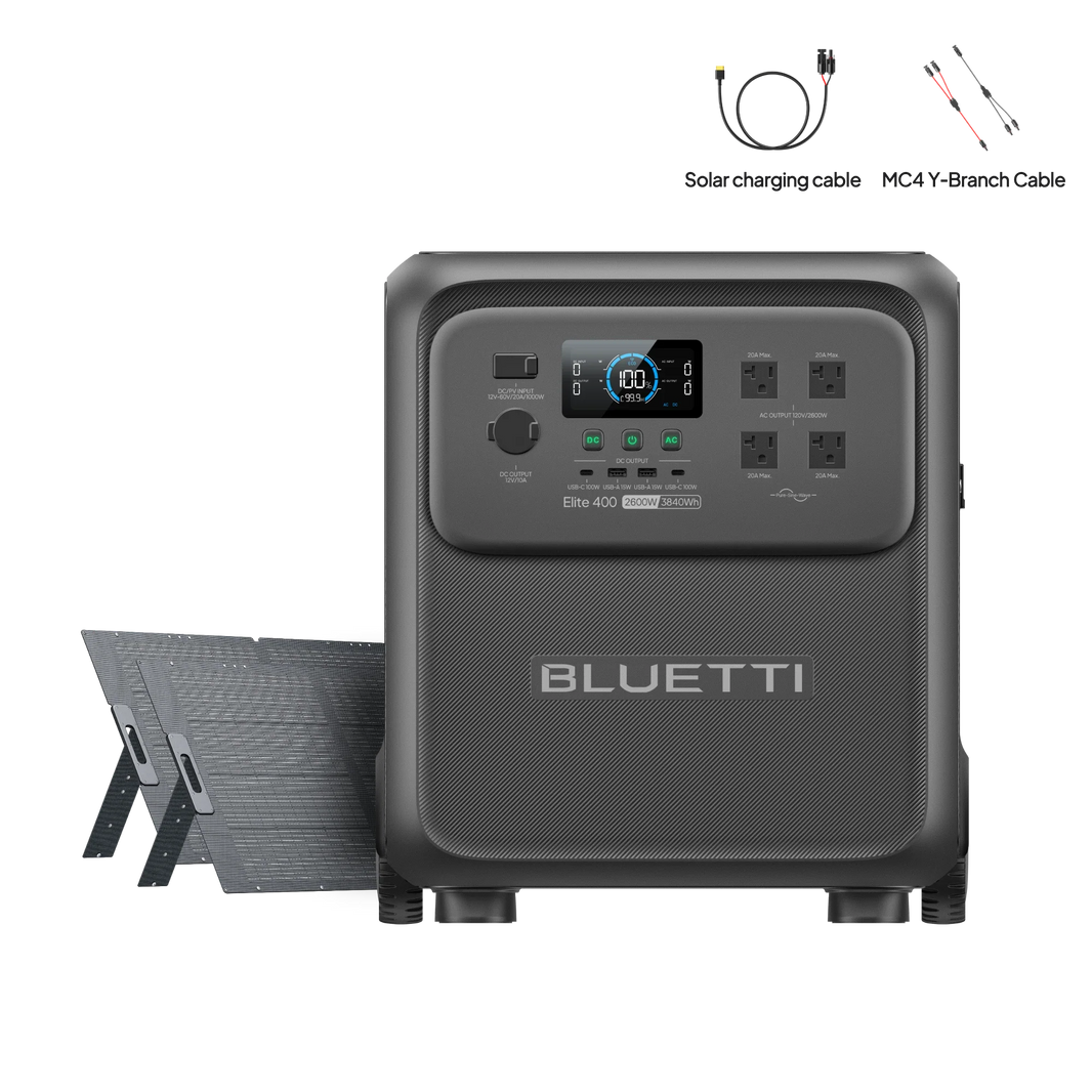 BLUETTI Elite 400 power station with two 350W solar panels