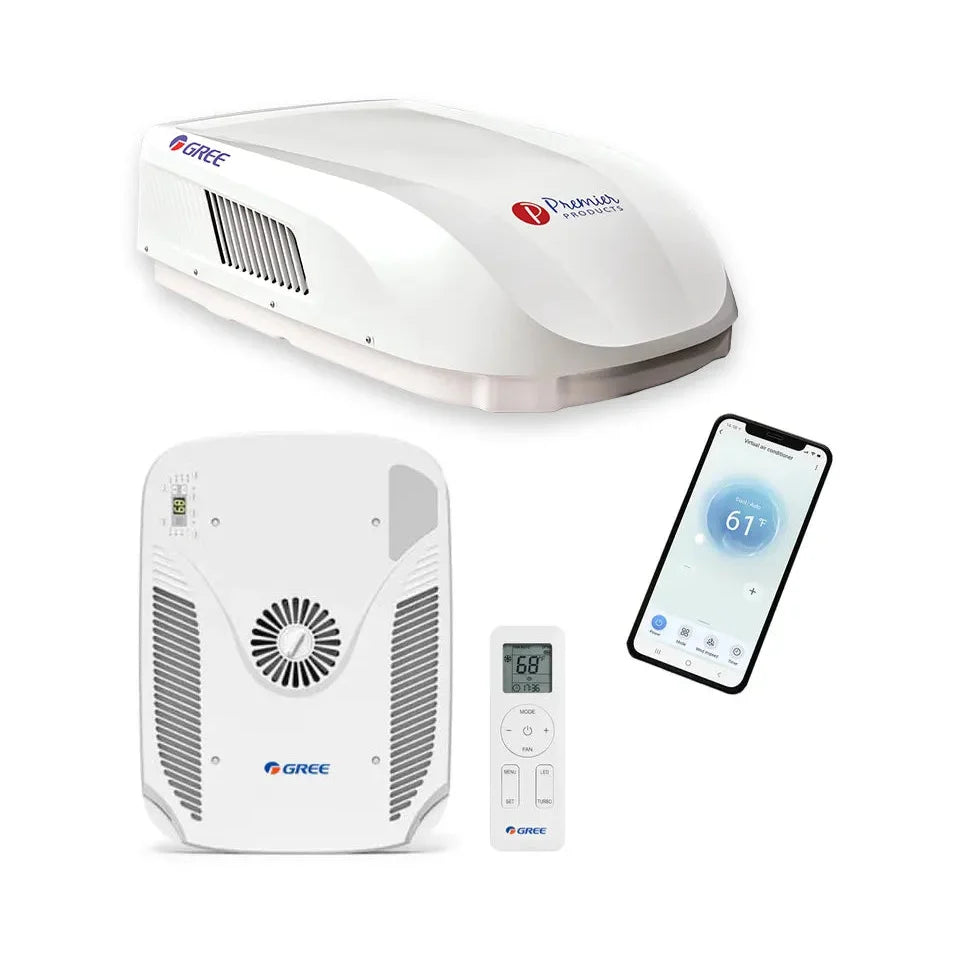 Eco-Cool Free Blow 15K BTU RV Rooftop AC with Heat Pump, White - rooftop unit, interior unit, remote and app