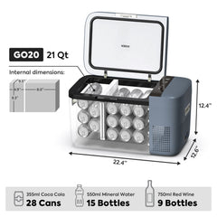ICECO GO20 21 qt dimensions, 22.4 x 12.6 x 12.4 in, holds 28 cans or 15 water bottles