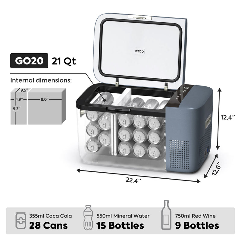 ICECO GO20 21 qt dimensions, 22.4 x 12.6 x 12.4 in, holds 28 cans or 15 water bottles