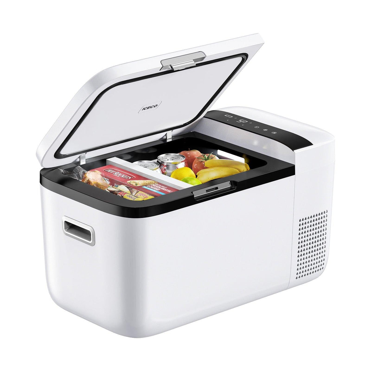 ICECO GO20 in white with the lid open, packed with food and fruit