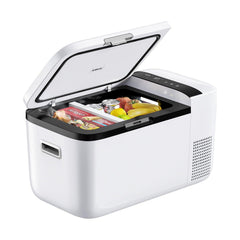 ICECO GO20 in white with the lid open, packed with food and fruit