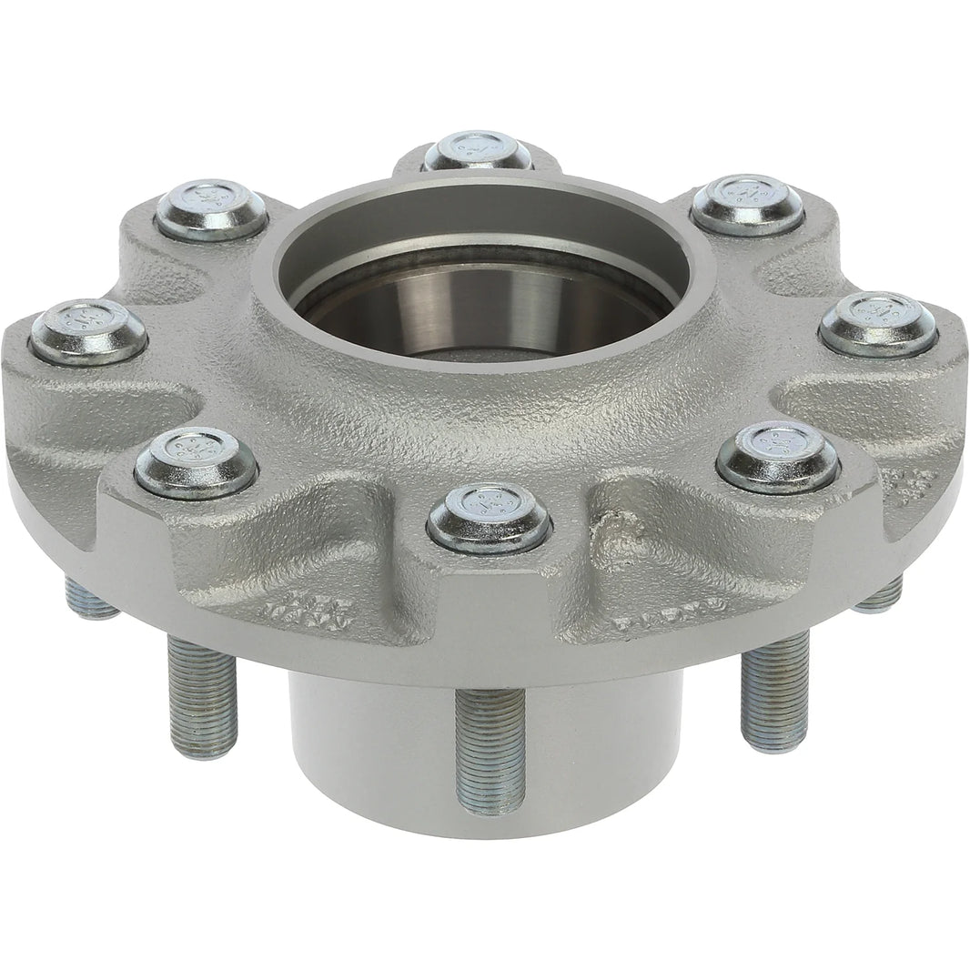 DeeMaxx 8K galvanized grease hub with silver 9/16 wheel studs, view 2