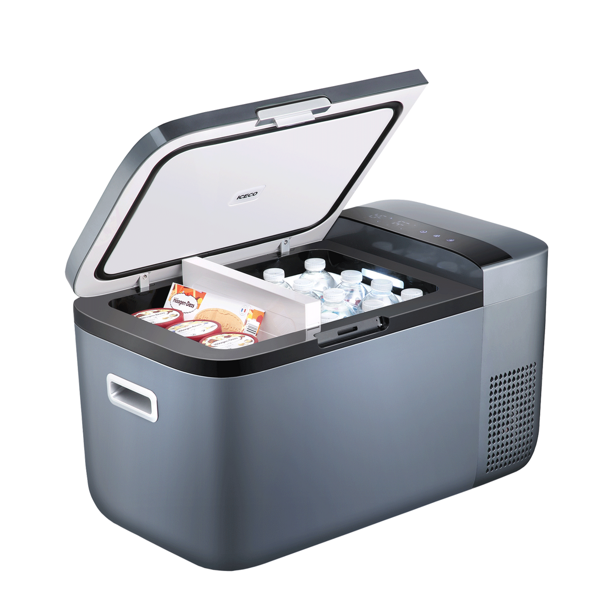 ICECO GO20 in grey with the lid open, packed with food and drinks either side of the partition