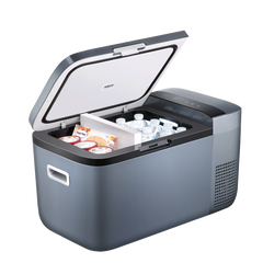 ICECO GO20 in grey with the lid open, packed with food and drinks either side of the partition
