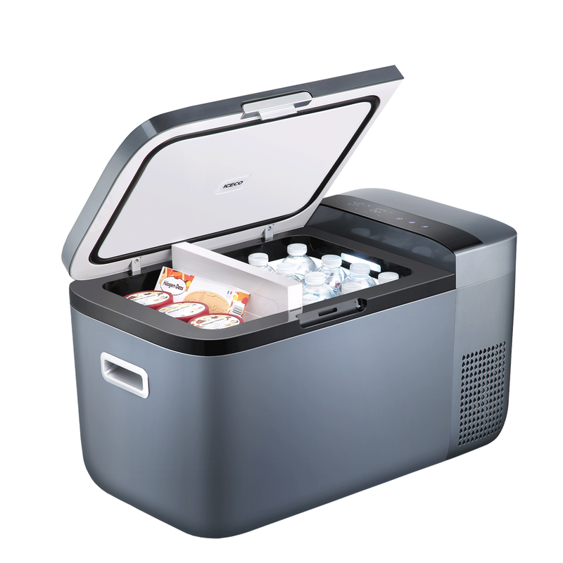 ICECO GO20 in grey with the lid open, packed with food and drinks either side of the partition