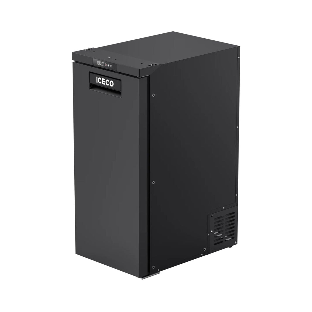 ICECO BF86 upright front door fridge freezer, closed, angled front and side view