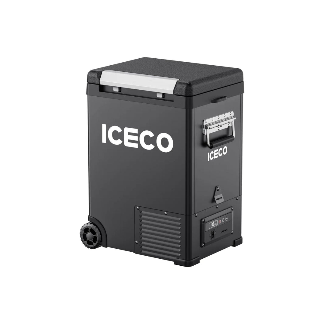 ICECO IPT20 19.2QT upright pickup truck fridge freezer with wheels, front angle view