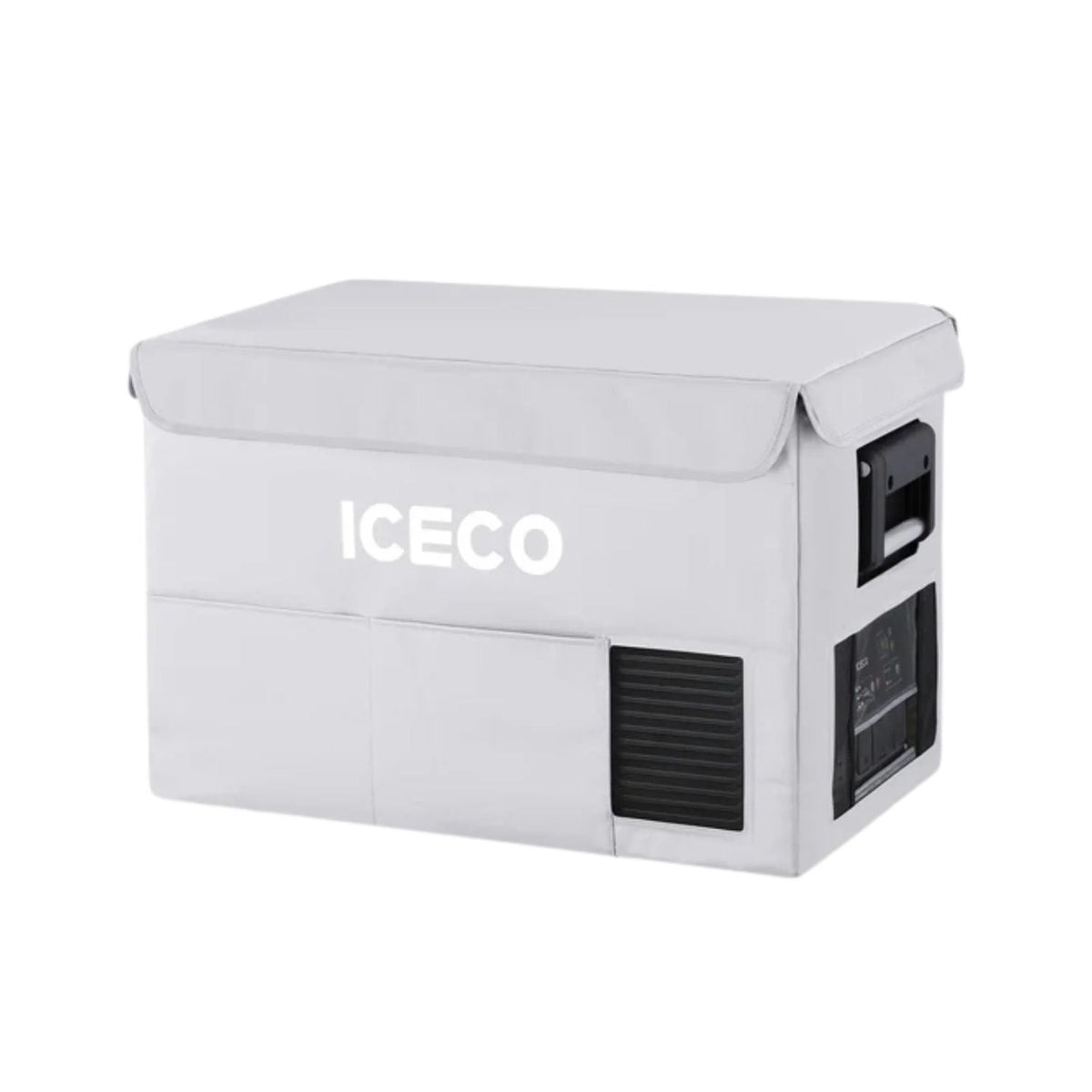 ICECO two-piece insulated protective cover on a VL45ProS portable fridge, gray