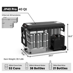 ICECO JP40 Pro 40 qt dimensions, 28.5 x 13.8 x 18.0 in, 39.1 lb, holds 52 cans