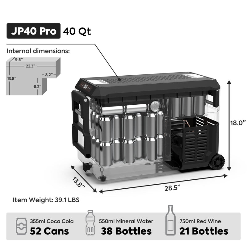 ICECO JP40 Pro 40 qt dimensions, 28.5 x 13.8 x 18.0 in, 39.1 lb, holds 52 cans