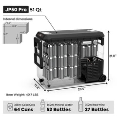ICECO JP50 Pro 51 qt dimensions, 28.5 x 13.8 x 21.0 in, 40.7 lb, holds 64 cans