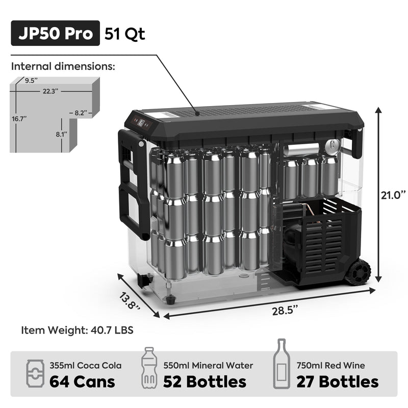 ICECO JP50 Pro 51 qt dimensions, 28.5 x 13.8 x 21.0 in, 40.7 lb, holds 64 cans