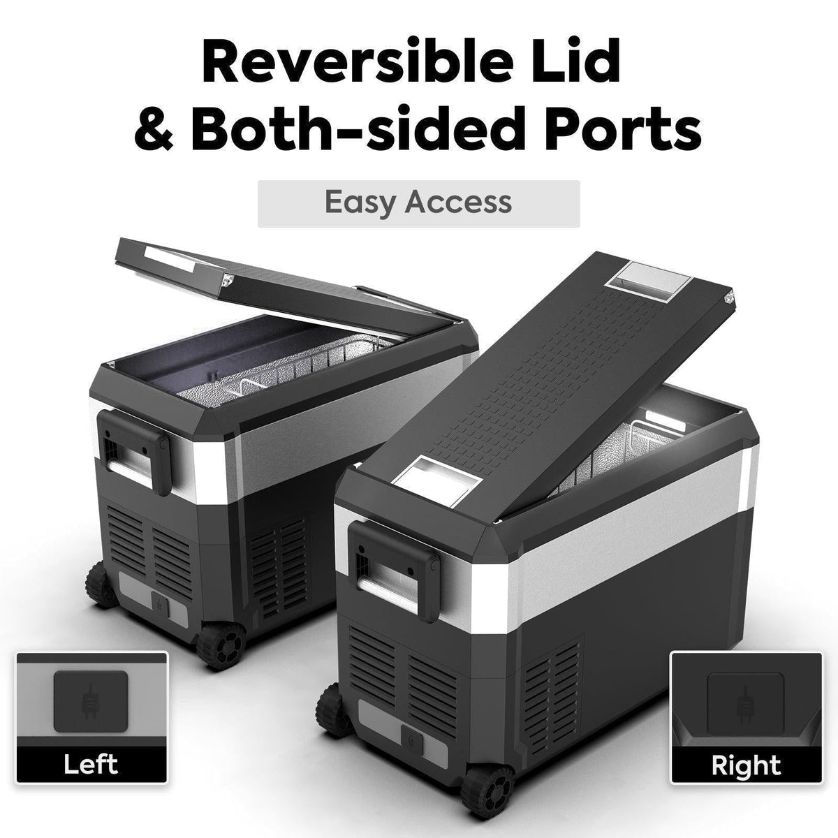 ICECO JP40 Pro reversible lid opening from the left or the right, with ports on both ends