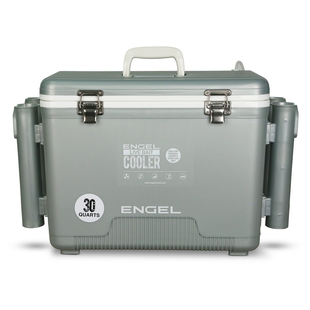 Engel 30 Qt Live Bait Pro Cooler, AP4 XL Aerator and Rod Holders - Silver