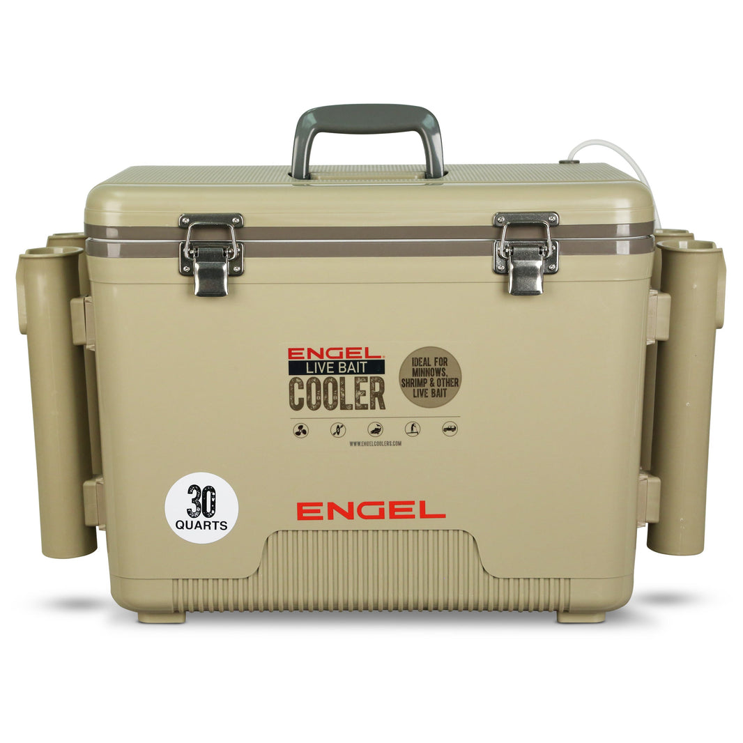 Engel 30 Qt Live Bait Pro Cooler, AP4 XL Aerator and Rod Holders - Tan