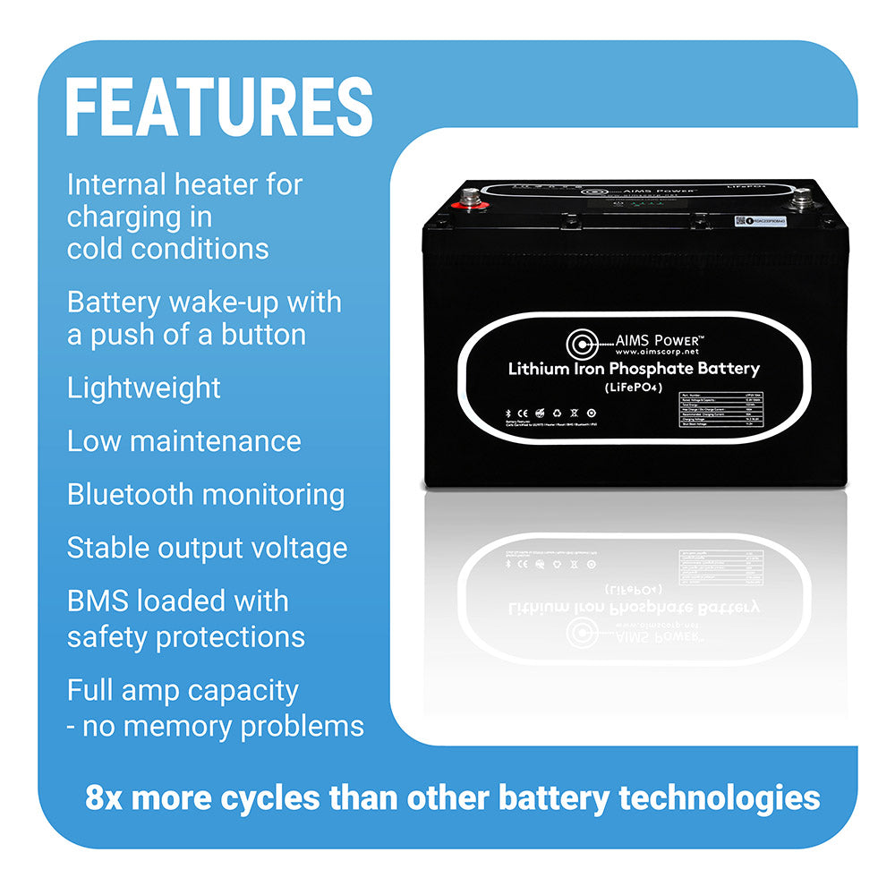 AIMS Power 12V 104Ah LiFePO4 Battery, Bluetooth, Heated, Wake-Up - view 3