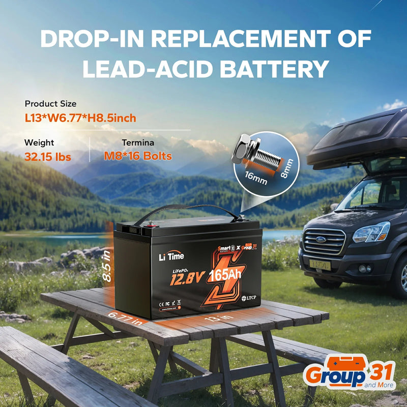LiTime 12V 165Ah Bluetooth LiFePO4 Deep Cycle Battery for RV & Marine