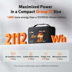 LiTime 12V 165Ah Bluetooth LiFePO4 Deep Cycle Battery for RV & Marine