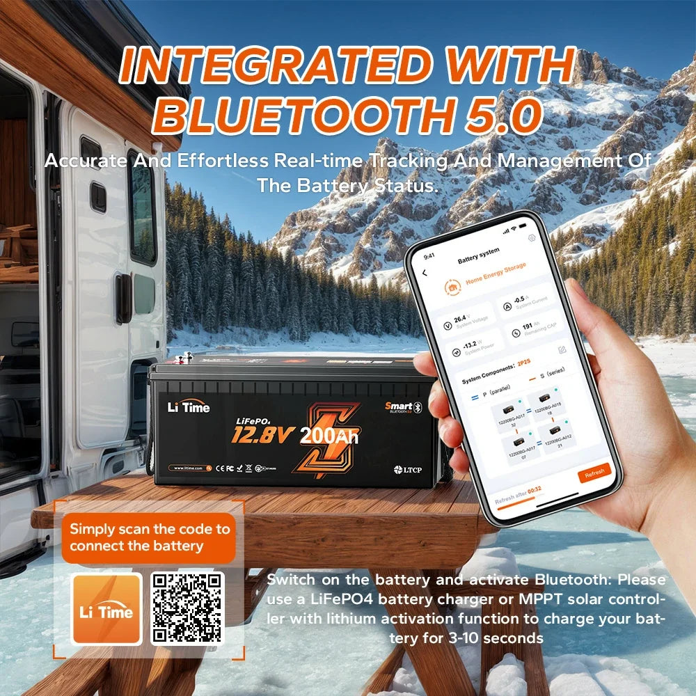 LiTime 12V 200Ah Bluetooth LiFePO4 Battery for RV & Marine