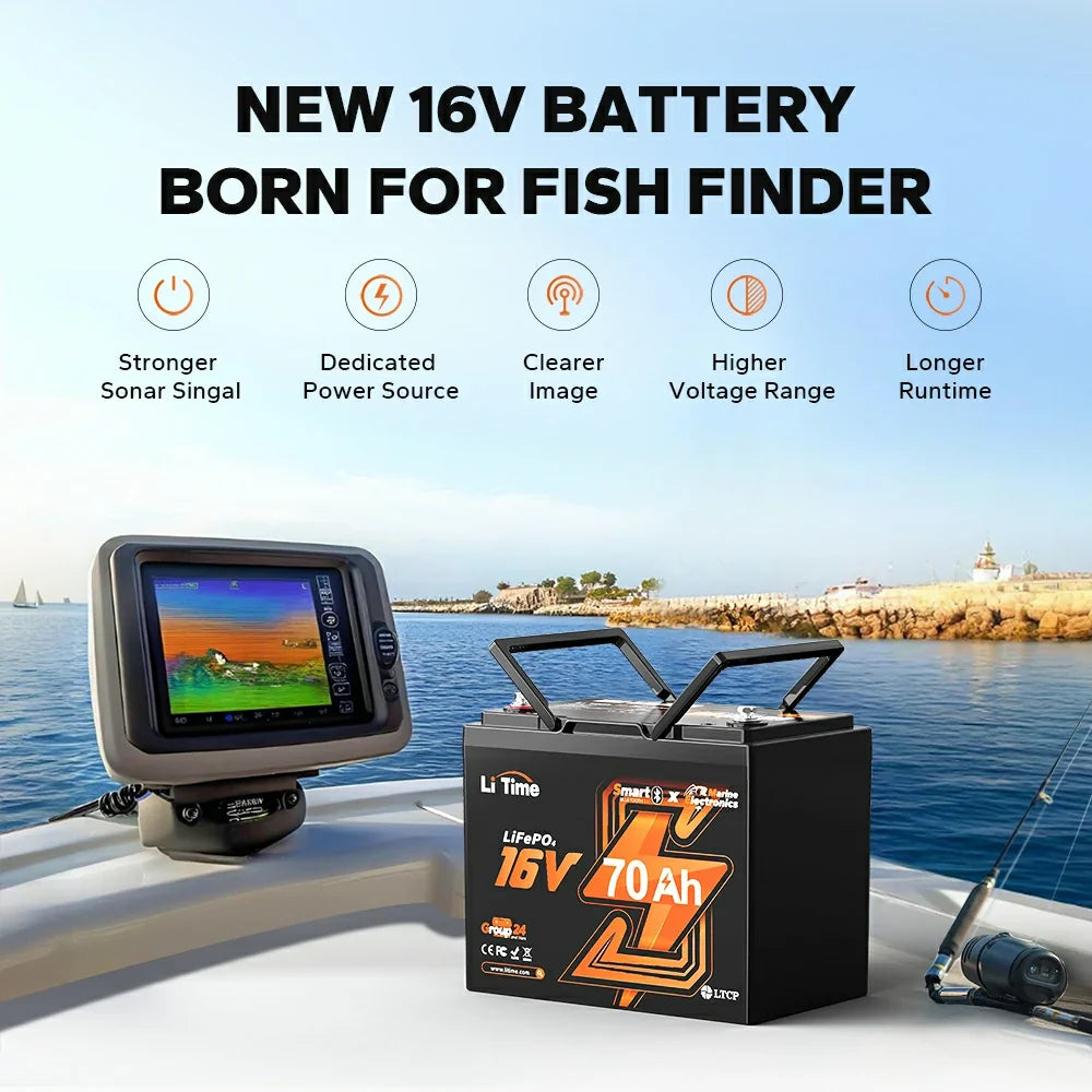 LiTime 16V 70Ah Bluetooth LiFePO4 Fish Finder Battery
