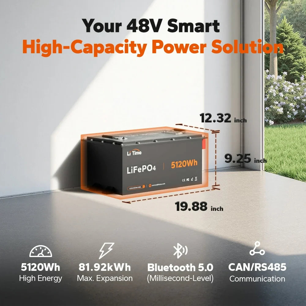 LiTime 48V (51.2V) 100Ah Smart ComFlex LiFePO4 Battery, Victron-Ready