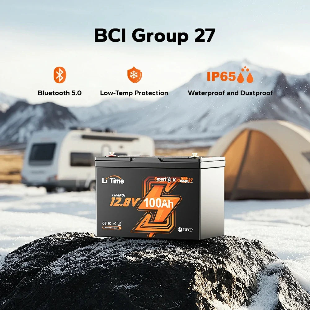 LiTime 12V 100Ah Group 27 Bluetooth LiFePO4 Deep Cycle Battery