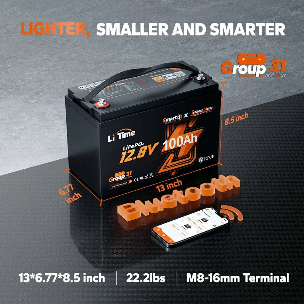 LiTime 12V 100Ah TM Bluetooth LiFePO4 Trolling Motor Battery
