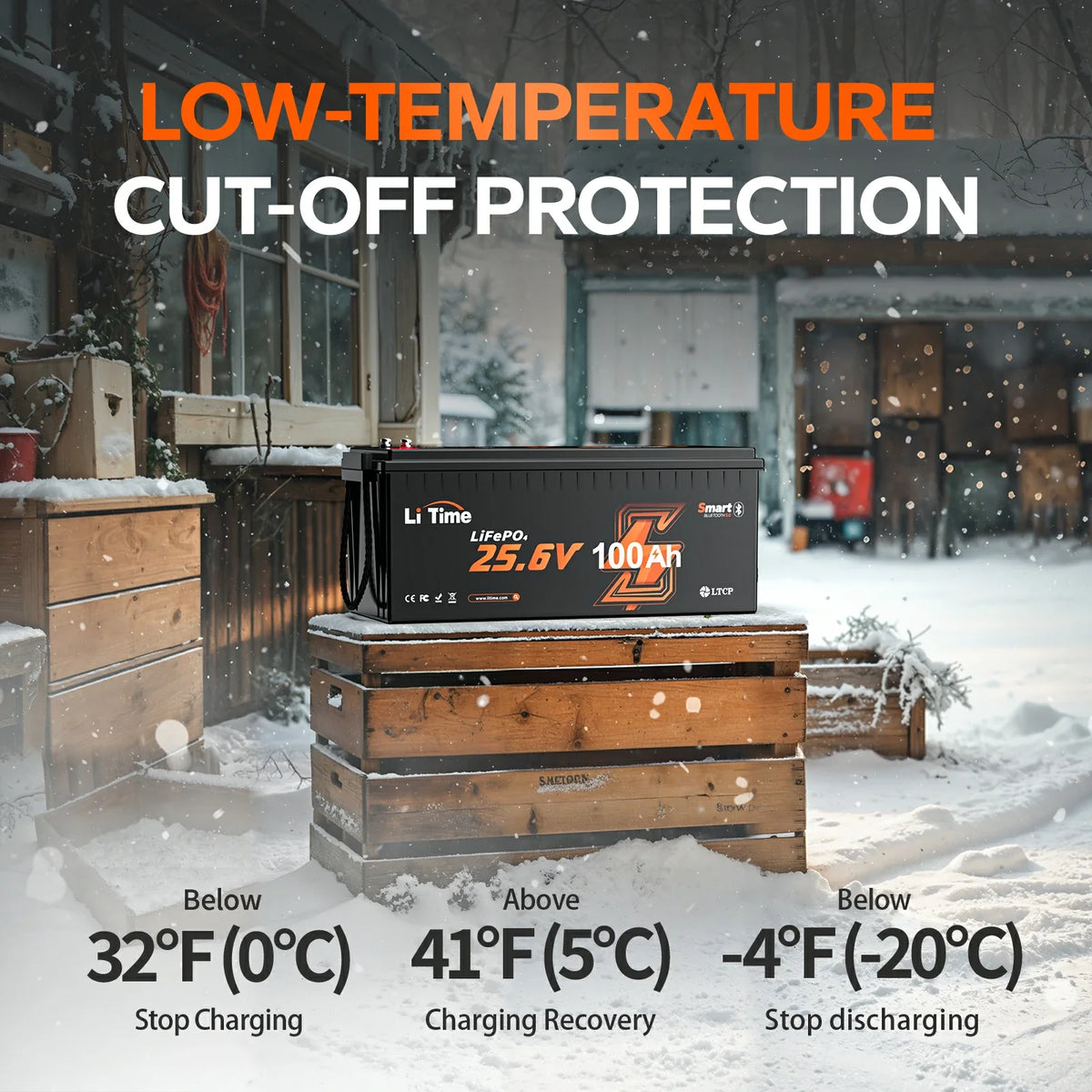 LiTime 24V 100Ah Bluetooth LiFePO4 Battery with Low-Temp Cut-Off