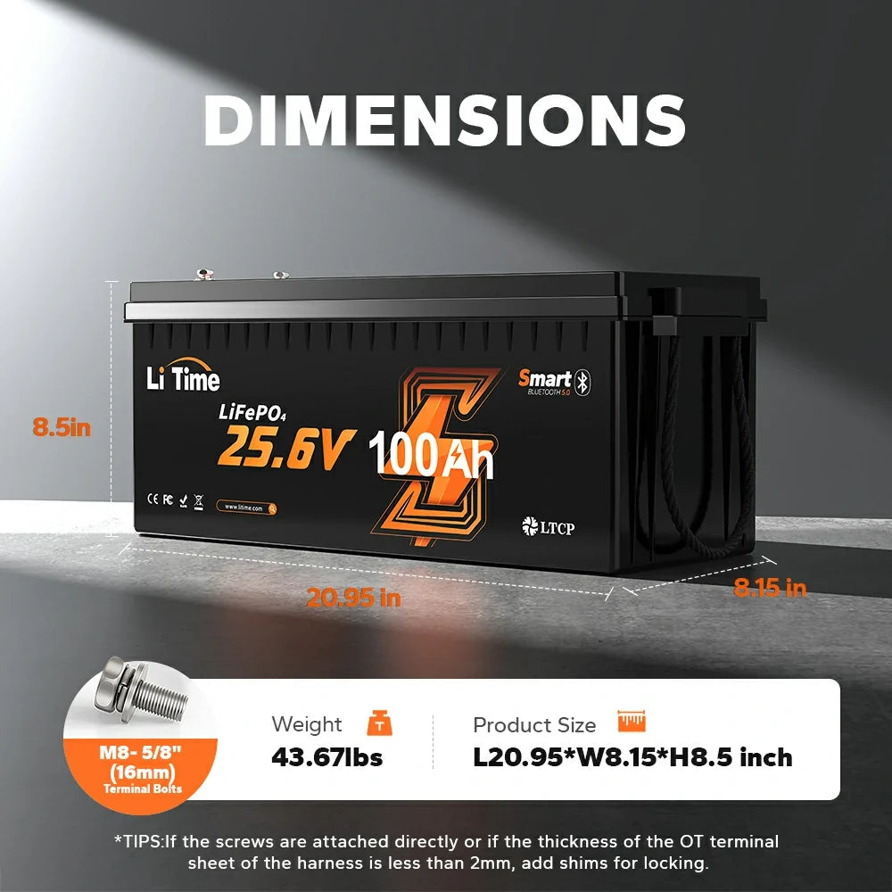LiTime 24V 100Ah Bluetooth LiFePO4 Battery with Low-Temp Cut-Off
