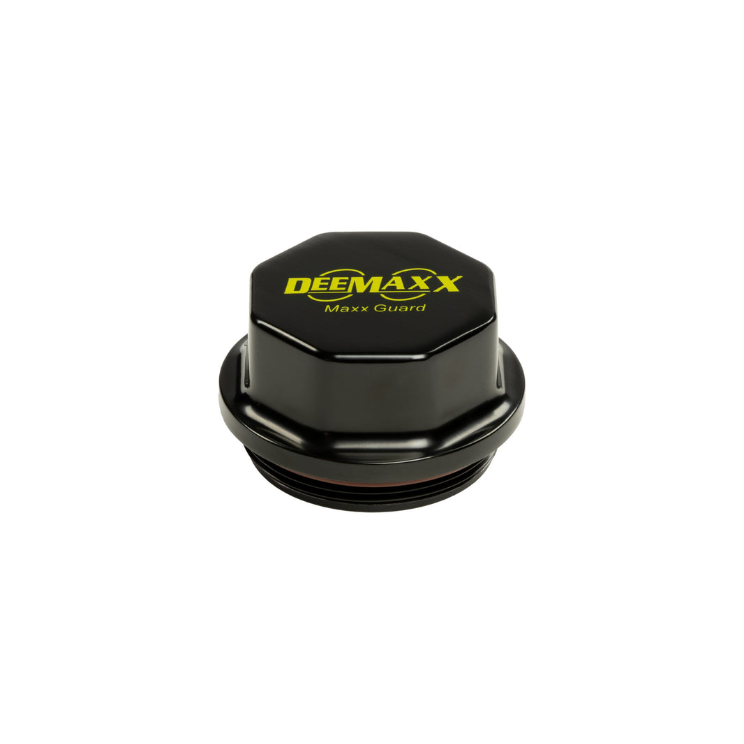DeeMaxx black aluminum hub cap with yellow letters