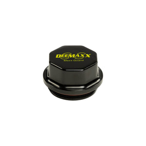 DeeMaxx black aluminum hub cap with yellow letters