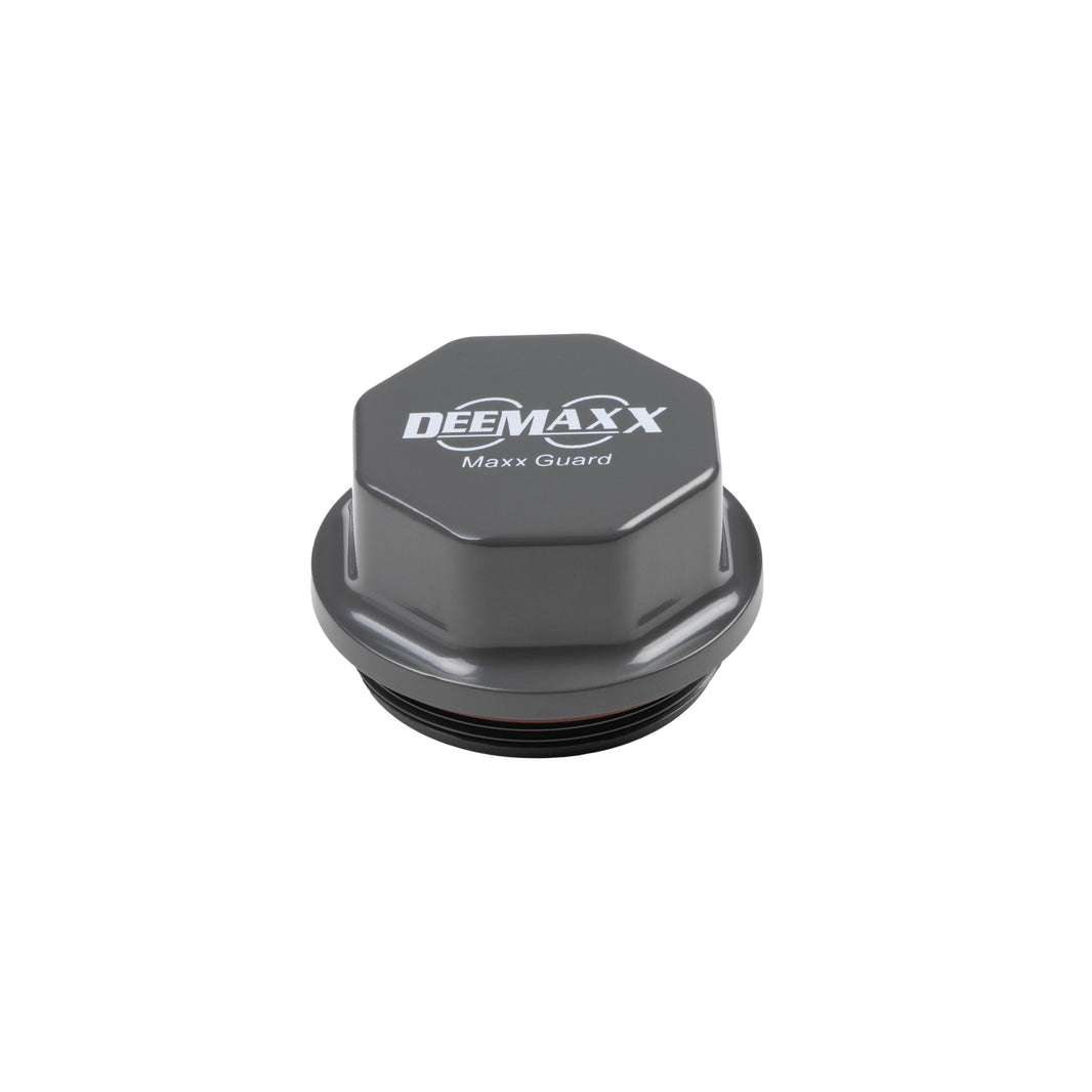 DeeMaxx gray aluminum hub cap with white letters