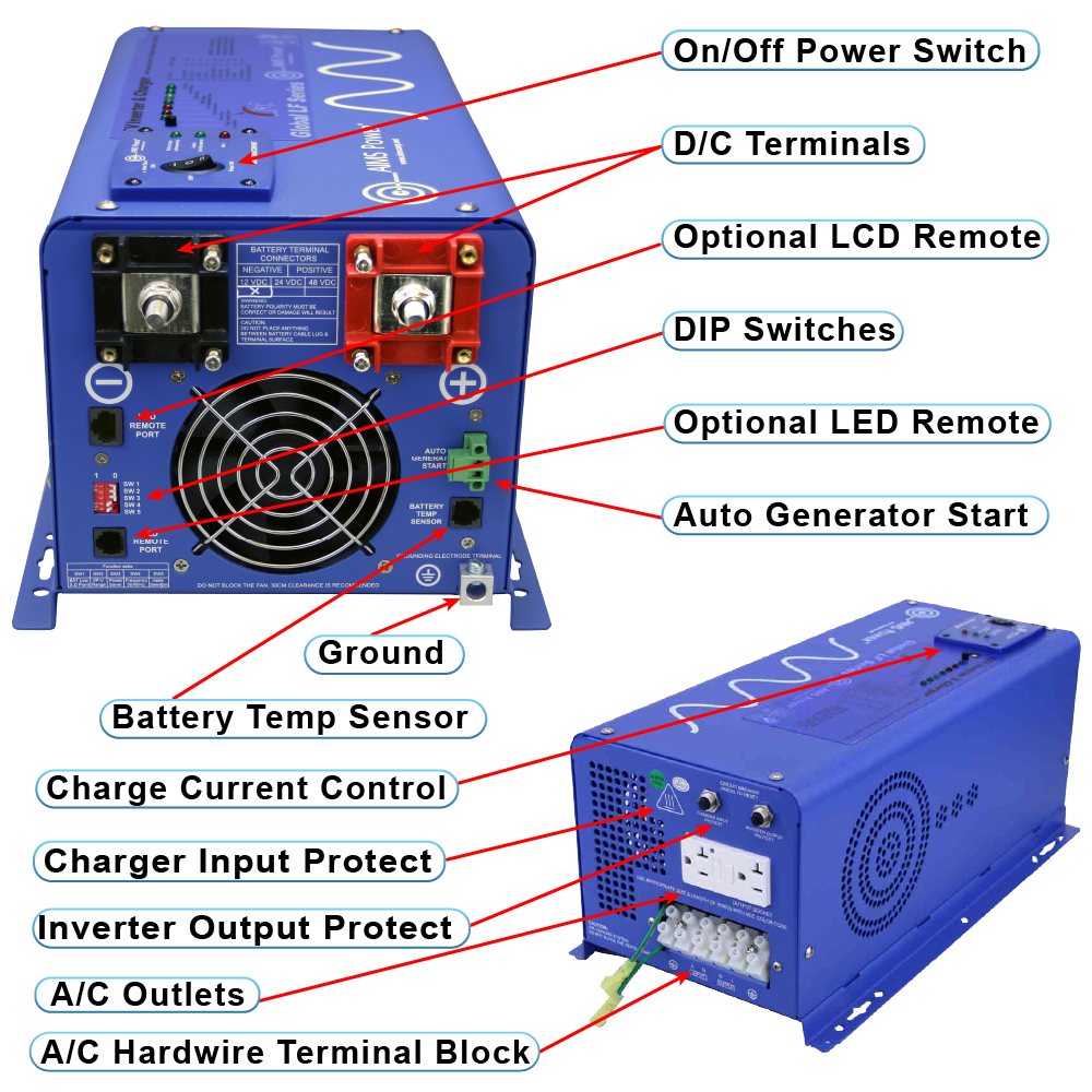 AIMS Power 2000W Pure Sine Inverter Charger 12V with Transfer Switch - view 2