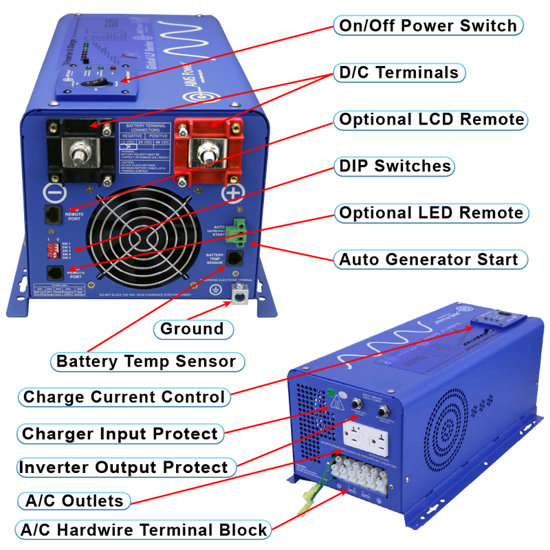 AIMS Power 2000W Pure Sine Inverter Charger 12V with Transfer Switch - view 2
