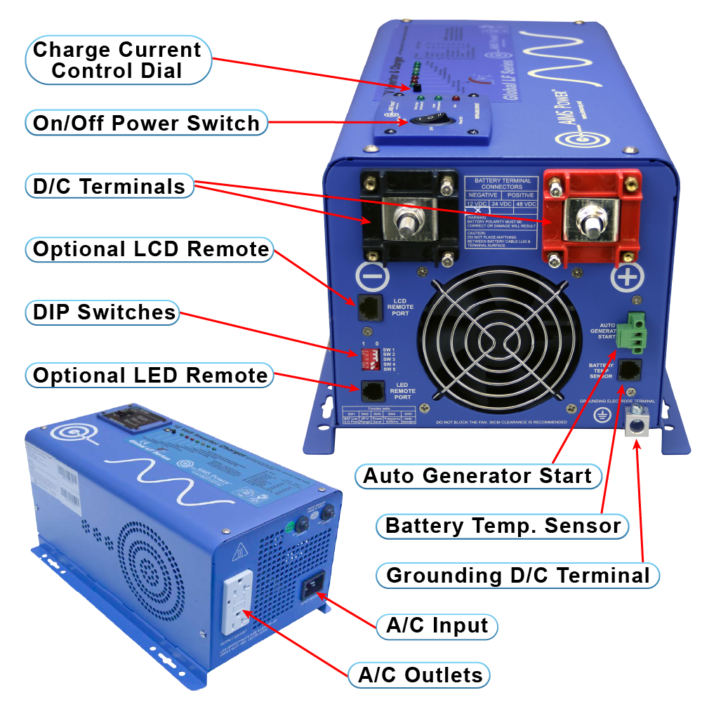 AIMS Power 1500W Pure Sine Inverter Charger 12V with Transfer Switch - view 2
